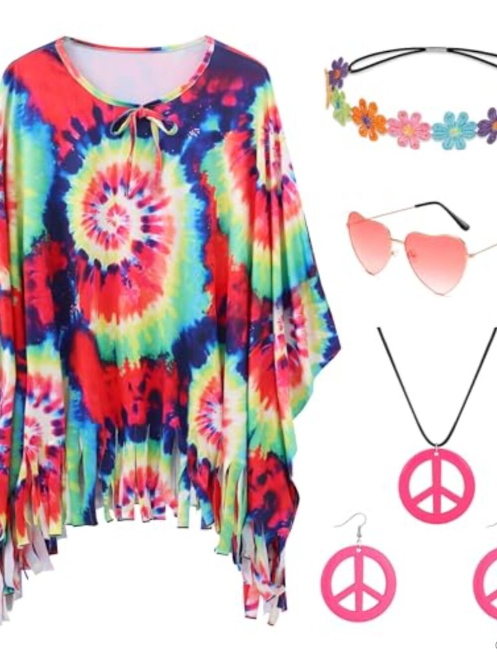 Hippie Costume Set Tie Dye Fringe Top Peace Jewelry 70s 60s Cosplay